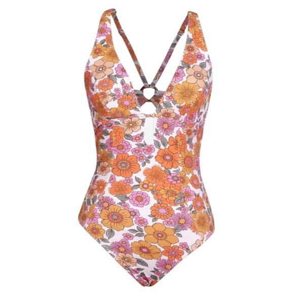 CUPSHE Women 1 Piece Swimsuit Large Orange Floral Front Keyhole Cutout O Ring - Picture 5 of 10
